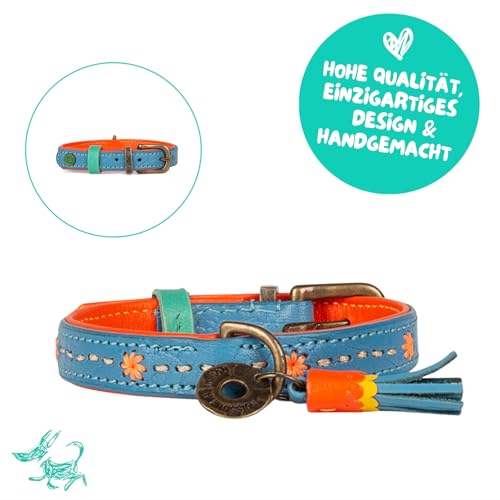 Dog with a Mission - Hundehalsband XXS | Blau, Orange, Bestickt | Boho, Ethno, Urban, Hippie | Kleine Hunde | Handgemacht | Modisch und Bunt | Aus weichem Echtes Leder | 2 cm Breit
