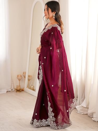 Image of SIRIL Women's Tissue Silk Sequence Embroidery Saree With Unstitched Blouse Piece