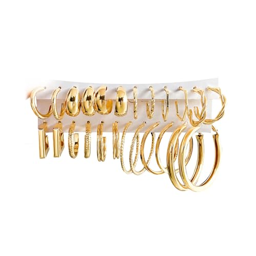17IF 12 Pairs Gold Hoop Earring Set for Women Chunky Smooth Surface Trendy Small to Big Stud Earring Lightweight Twisted Pearl Ear Pack
