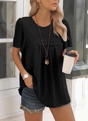 Womens Summer Tops Crewneck Short Sleeve Striped Shirts Casual Ribbed Blouses Flowy Hem Boho Clothing 20254