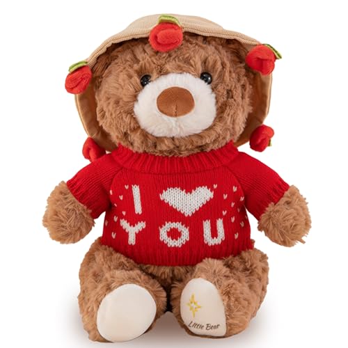 Gatwrmth Teddy Bear for Girlfriend Romantic 28cm I Love You Teddy Stuffed Animal Plushies with Removable Rose Hat Valentines Day Gifts Anniversary Christmas Teddy Bear Gifts