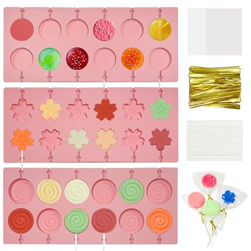 3Pcs Lollipop Mold Kit 36 Capacity CHELIZIYA 3 Shapes Pink Silicone Candy Molds Non-Stick Silicone Flower Chocolate Mold with 100Pcs Sticks 100Pcs Bags 100Pcs Ties for Party