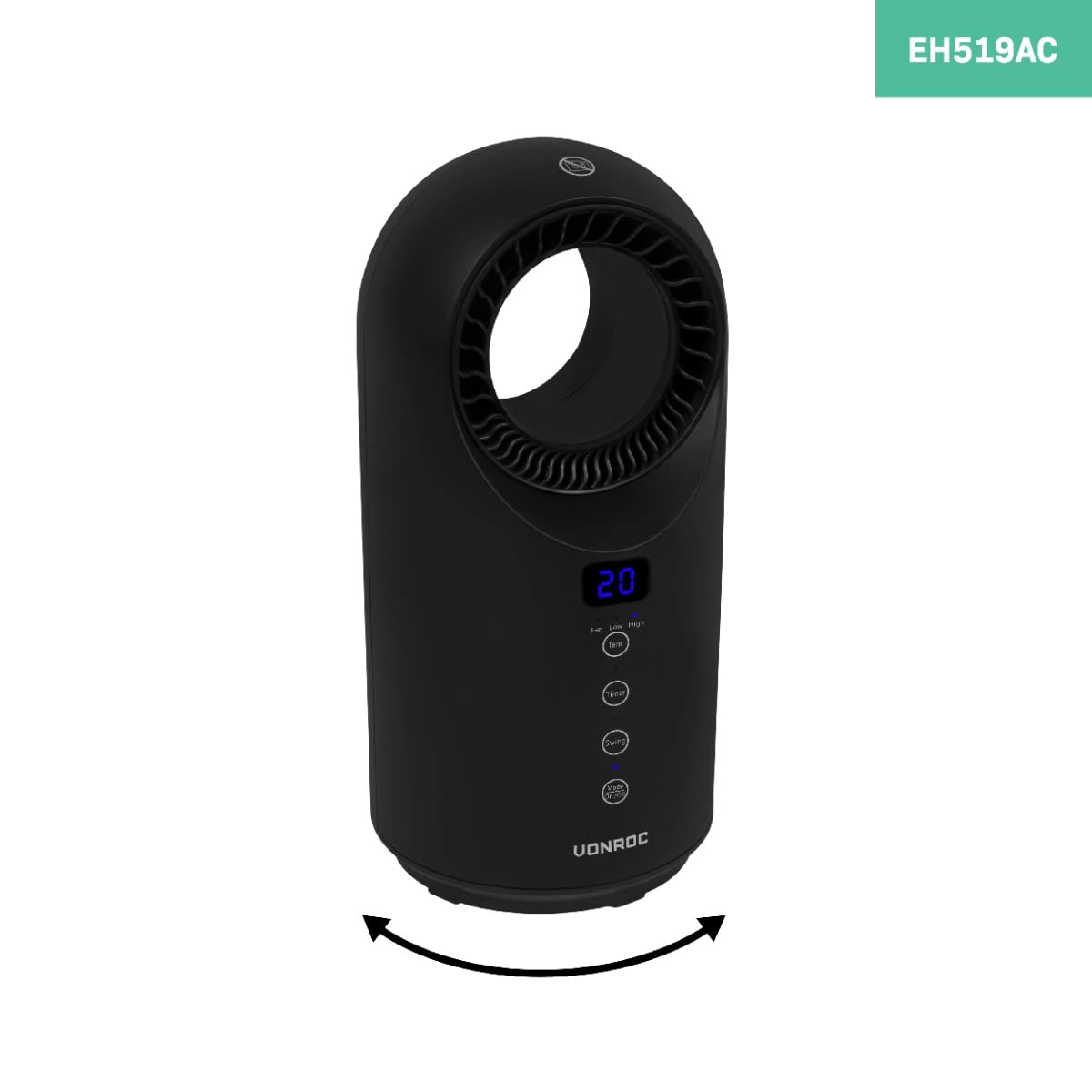 VONROC Termoventilatore Bladeless 1500W – Tecnologia Senza Pale, Riscaldamento Rapido, Oscillazione, Termostato 15–40°C, Timer 1–12H, Telecomando, Design Premium Nero Opaco – fino a 15 m² Nero