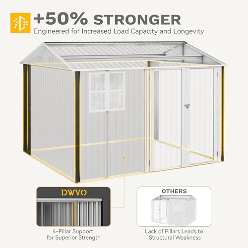 Image of DWVO 10x8ft Large Tool Storage Shed with Window, Lockable Doors, and Sloped Roof, Oversized Steel Outdoor Storage Shed for Garden, Patio, Garage, Backyard, Lawn - Gray & White