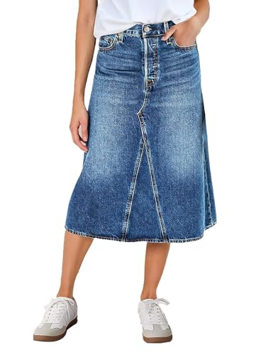 Flamingals High Waist Vintage A-Line Denim Skirt Midi Button Front Casual Jean Skirts