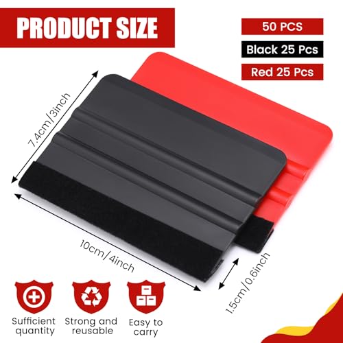 Image of Lasnten 50 Pcs Plastic Vinyl Squeegee 4 Inch Felt Edge Squeegee for Car Window Windshield Glass Cleaning Tool Vinyl Scraper Decal Applicator Tool with Black Fabric Felt Edge (Red, Black)