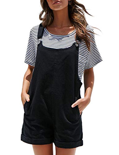 Bonkwa Women s Solid Adjustable Shoulder Strap Shorts Rompers Denim Overall Roll Cuff Shortalls Baggy Jumpsuit with Pockets