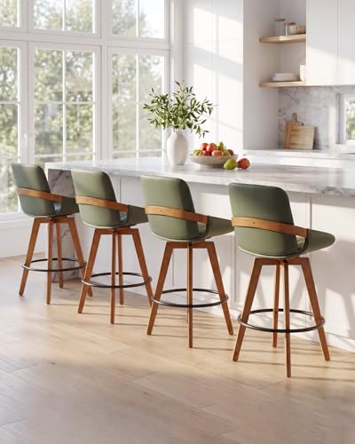 Image of AQG Bar Height Bar Stools Set of 4, Mid Century Modern Bar Chairs Swivel with Back, Faux Leather Upholstered Barstools Walnut Wood Frame for Kitchen Island (Green, 30 Inch - 4 PCS)