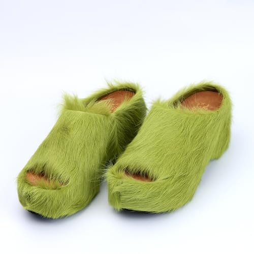 Image of XOBZJH Long-Hair Calfskin Chunky Clog Slide for Women - Memory Foam Luxury Slip on Shoes Women's Mules & Platform Clogs,Designer Mules for Women 2025
