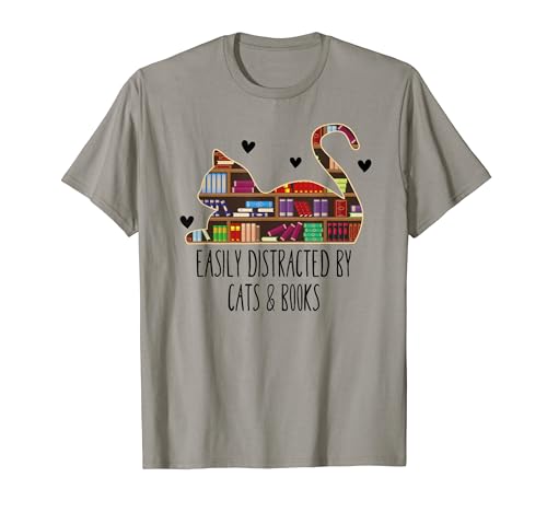 Easily Distracted By Cats and Books Shirt,I Love Cats Books Maglietta