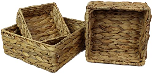Small Square Water Hyacinth Storage Basket - Natural Wicker Shelf Organiser for Bathroom Makeup & Jewellery (Set of Three, 1 x Basket)