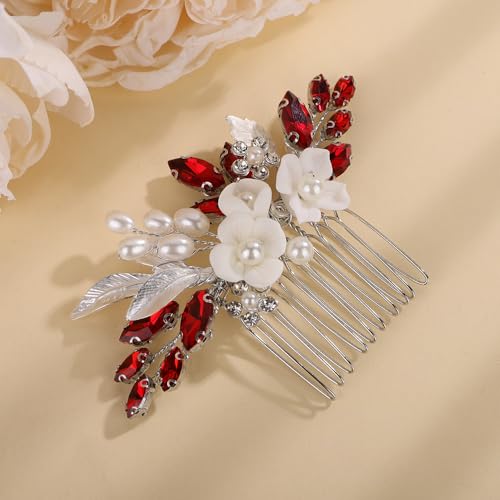 Peineta para cabello flores cristal plata-rojo 9x6cm miniatura 4