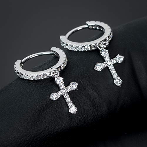 Men's 925 Sterling Silver Dangle Cross Drop Huggie Hoop Earrings2
