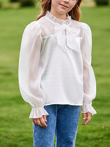 WDIRARA Girl's Contrast Mesh Bow Front Shirt Cute Mock Neck Long Flounce Sleeve Blouse Top3