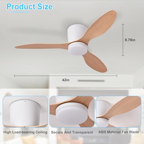 Image of Depuley Flush Mount Ceiling Fan: 42-Inch White Ceiling Fans with Lights for Bedroom Indoor Outdoor - Low Profile Ceiling Fans with Remote Control 24W 3CCT Dimmable 3 Reversible Wood Blades 6 Speeds
