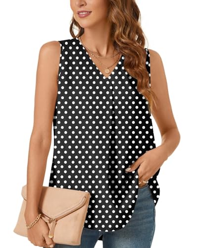 Bestbee Damen Casual Tank Tops Plus Size Büro Niedlich Arbeit Shirts 2024 Sommer Dressy Chiffon Blusen V Hals ärmellose Tunika Tops, XL, Polka Dots Schwarz