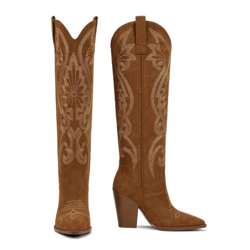 Image of ISNOM Knee High Cowboy Boots for Women, Comfortable and Fashion | Classic Western Style, Stable Chunky Heel, Side Zipper, Pointed Toe, Non-slip Sole, Versastile Concert Party Rodeo Boots