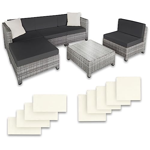 tectake 800804 Conjunto de Muebles de Jardín en Poliratán con cojines de 10 cm de grosor, 2 Sillones, Taburete, Mesa + 2 Sillones de Esquina, Set de Fundas Intercambiables, Salón Exterior (Gris Claro)