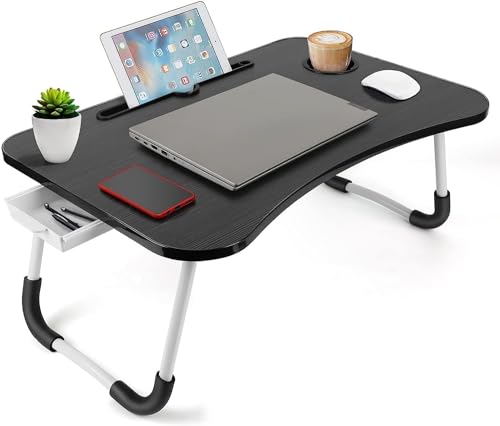 Image of TEKCOOL Study Table Foldable Wooden Laptop Bed Tray Table, Multifunction Lap Tablet Desk with Cup Holder, Perfect for Eating Breakfast, Reading Book, Working, Watching Movie On Bed;