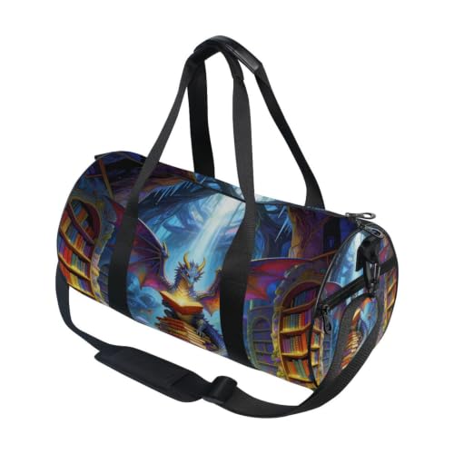 Bolsa de gimnasio con bolsillo interior: lona ligera con diseño de libro y dragón