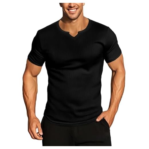 Agilelin Camisetas masculinas musculares elásticas gola V manga longa e curta leve respirável camisetas elegantes slim fit, 02 longo, preto, G