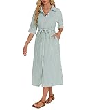 Women's Half Sleeve Plaid Maxi Dress Collar V Neck Belted Dress Casul Button Down Long Loose Dress Green