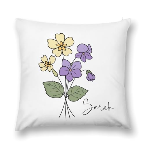 Custom Birth Flower Throw Pillow Cover with Name Soft Velvet Decorative 26"x26" Cushion Cases Personalized Birth Month Flower Gift for Her, FEB_Primrose, Violet