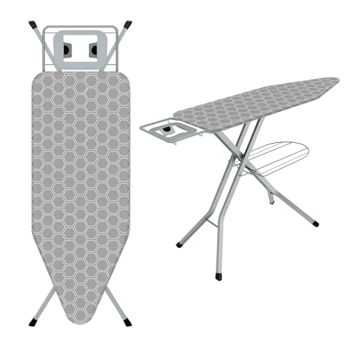 TEENO Table à Repasser Pliable 120 x 45 cm,pour Centrale Vapeur,Verrouillage Sécurisé,7 Réglages De Hauteur, Housse en Coton 100%,Support De Fer Intégré (Gris nid d'abeille, 120 x 45 cm)