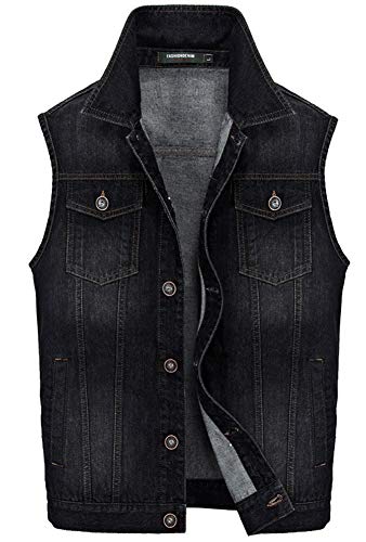 Kedera Men's Big & Tall Denim Vest Unlined Motorcycle Jean Jacket (Black, X-Large)