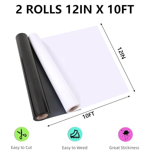 Image of RENLITONG Black and White Heat Transfer Vinyl 2 Rolls 12 inch x 10ft HTV Iron on Vinyl for T-Shirt HTV Vinyl Rolls for All Cutter Machine - Easy to Cut & Weed for Heat Vinyl Design