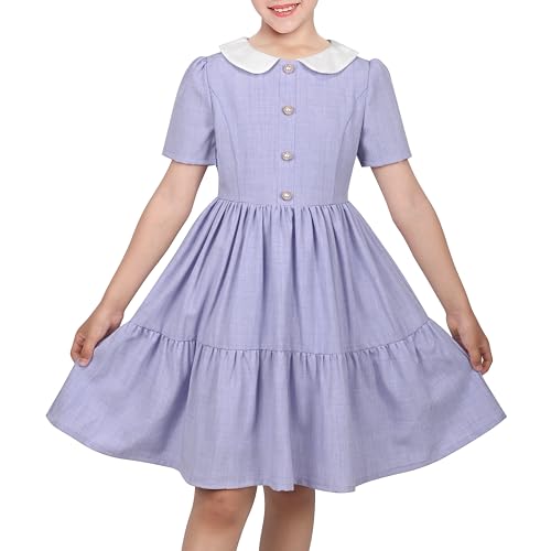 Sunny Fashion Girls Dress Lilac White Collar Pearl Bow Pleated Short Casual Ready Girl School Age 12 Years