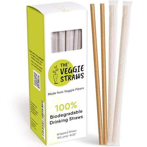 Image of The Veggie Straws - 100 PCS of 8.25 Inches Individually Wrapped Biodegradable Straws - Made of Vegetable Fibers, Best Environment Friendly Drinking Straws for Hot and Cold Beverages