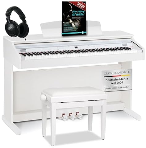 Classic Cantabile DP-50 pianino elektryczne, Z mechanizmem młoteczkowym, 88 klawiszy, 2 złącza do słuchawek, USB, LED, 3 pedały, Dla początkujących, Ławka do pianina, Słuchawki, Matowy biały