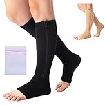 360 RELIEF Zipper Open Toe Medical Compression Socks Support | Edema, Pregnancy, Swollen Legs, Travel, Flight, Work, Nurse, Varicose Veins | S/M, Black with Mesh Laundry Bag |