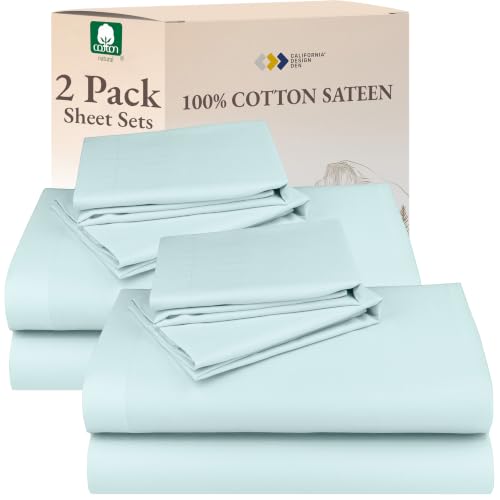 Image of California Design Den 100% Cotton Pack of 2 Sheets Set for Queen Size Bed, Soft & Durable Cotton Sheets Deep Pocket, Queen Sheet Set with Sateen Sheets (Seafoam)