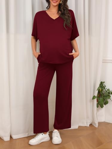 Tankaneo Womens Maternity Pajamas 2 Piece Lounge Set Soft Short Sleeve V Neck T-shirt Cropped Pants Pregnancy Loungewear, Burgundy, X-Large — view 3
