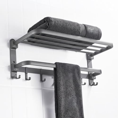 Image of Amazon Basics Foldable 24 Inch Towel Rack for Bathroom - Wall Mounted Space-Saving Aluminum Towel Holder with Double Tier Shelf, Rod & Hooks - Rustproof Bathroom Accessories
