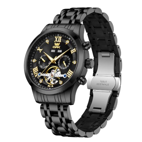 Image of OPK Mens Automatic Watch Multifunction Skeleton Mechanical Wrist Watch with Green Dial Stainless Steel Bracelet Waterproof Luxury Dress Watch for Men
