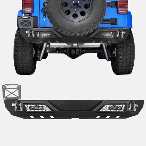 Rear Bumper Compatible with 2007-2018 Jeep Wrangler JK & Unlimited JKU (2/4 Doors), Full Width Off Road Bumper with License Plate Frame & 2 x 48W LED Lights & 2 x D-Rings (Textured Black)