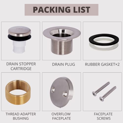 Gstaram Bathtub Drain Tip-Toe Tub Trim Kit With Two-Hole Overflow Faceplate, All Brass Bathtub Drain Stopper Plug With Universal Fine/Coarse Thread, Lift & Turn Tub Conversion Set (Brushed Nickel) #TOP5