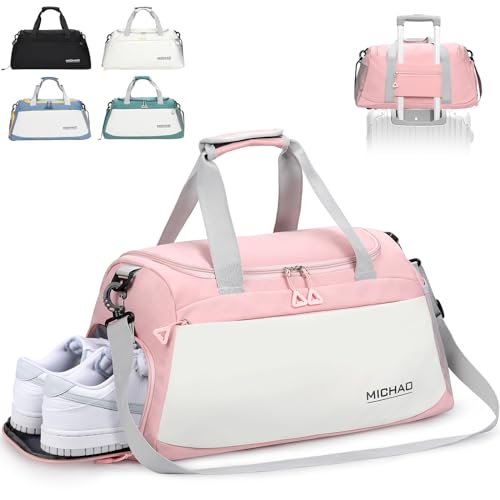 Image of Hnyoou Large Gym Bag Duffle Bag, Sports Bag Travel Bags for Women Men with Shoes Compartment and Waterproof Wet Pockets, Sports Bags for Sport Traveling Swimming Yoga Hiking Camping, Pink