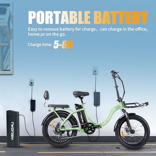 TWOFISH Electric Bike for Adults, 20"*3.0" Fat Tire Folding Electric Bicycle with 36V 17.8AH Removable Battery 7 Speed 25km/h 80-100km Range Disc Brake IP54 Waterproof, TF-2 (Green) - Image 5