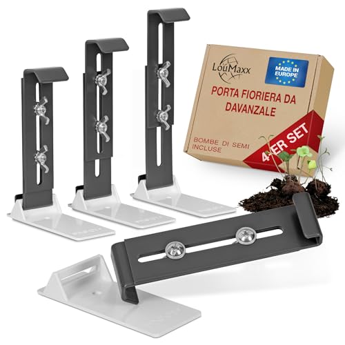 LouMaxx portafioriera per davanzale Senza Foratura Set di 4 Supporti Invisibili per fioriera da davanzale in Antracite Stabile, Regolabile in Altezza compresi adattatori e Bombe di Semi