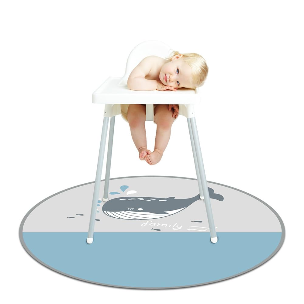 Treer Baby Splat Mat for Under High Chair, 51" Highchair Round Splash Floor Mat Waterproof Anti Slip Spill Mat Washable Weaning Mat/Messy Mat/Play Mat/Tablecloth/Picnic Mat (Blue Whale)