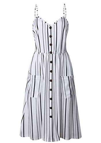Image of YMING Womens Summer Spaghetti Strap Dresses Button Down Floral Sundress High Waist Swing Midi Dress with Pockets