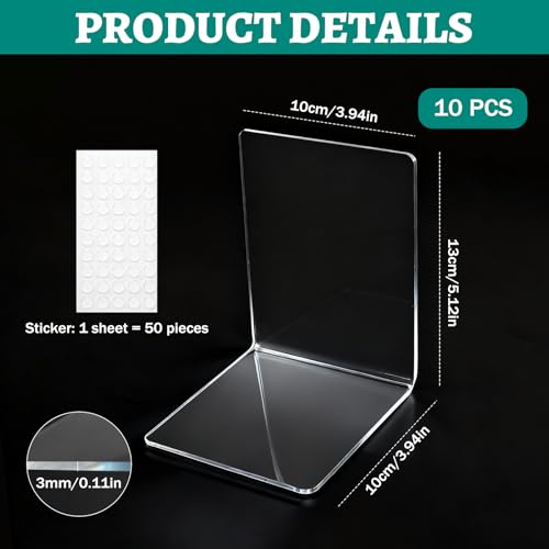 Kuvarix 10 Stück Transparenten Buchstützen Acryl Set mit 50 Anti-Rutsch-Pad, 3mm Verdickt Buchstütze Buchstütze, Bücherständer für Schule, Büro, Zuhause, Bibliothek
