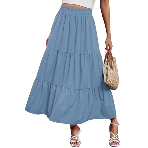 Arolina Maxi Skirt for Women Summer Boho Elastic High Waist Pleated A-Line Flowy Ruffle Swing Tiered Long Beach Skirt Dress X-Large Blue