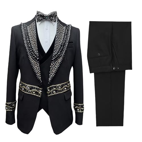 Mens Suits Slim Fit 3 Piece Handmade Beaded Formal Tuxedo Suits with Blazer Vest Pants for Wedding Prom