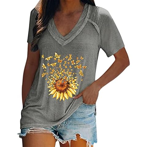 Binggong Women's Casual V-Neck Tips Shirt Short Sleeve Top Floral Print T Shirt Fashion Shirt, gray, Large Cover