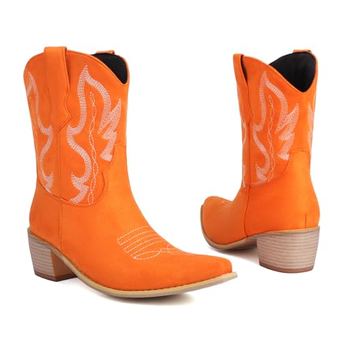 Cozivwaiy Classic Cowboy Booties Embroidered Women Pointed Toe Ankle Boots Western Country Boots Pull on Block Heel Booties2